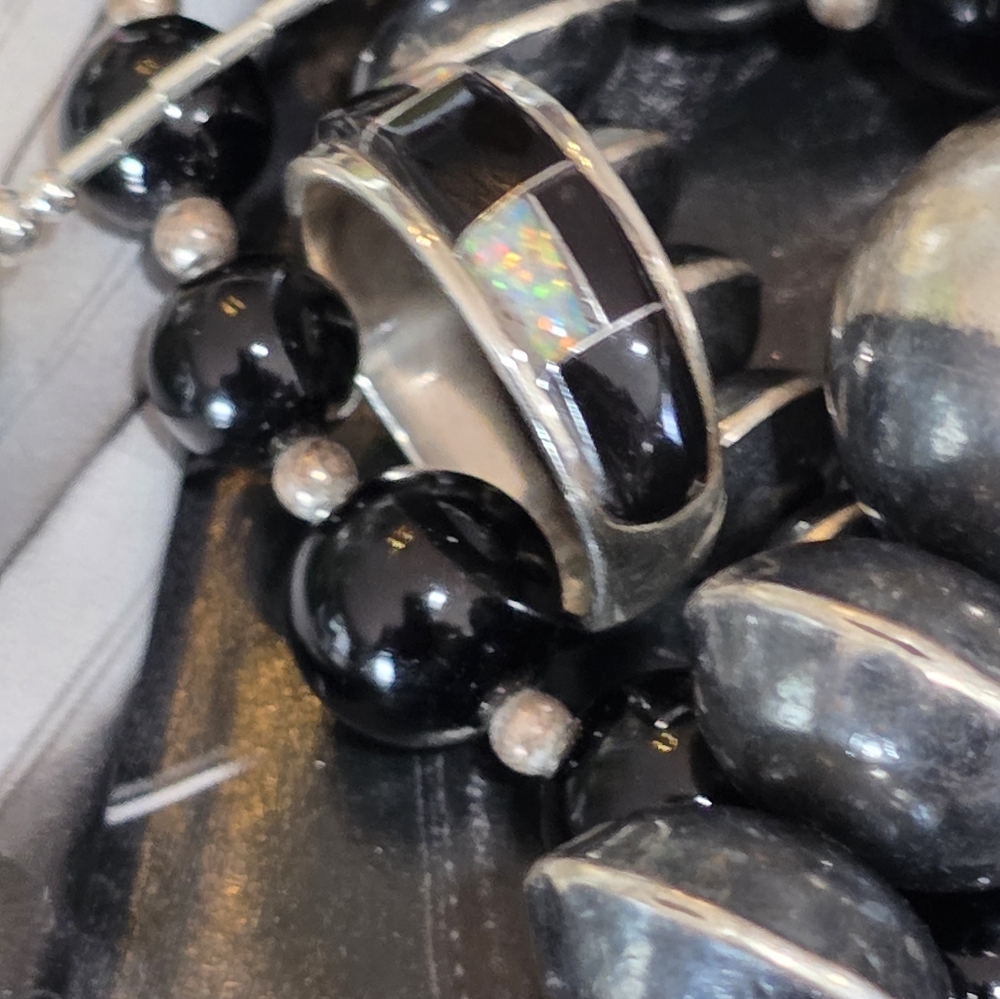 Black Onyx & Opal Inlay Sterling Silver Ring